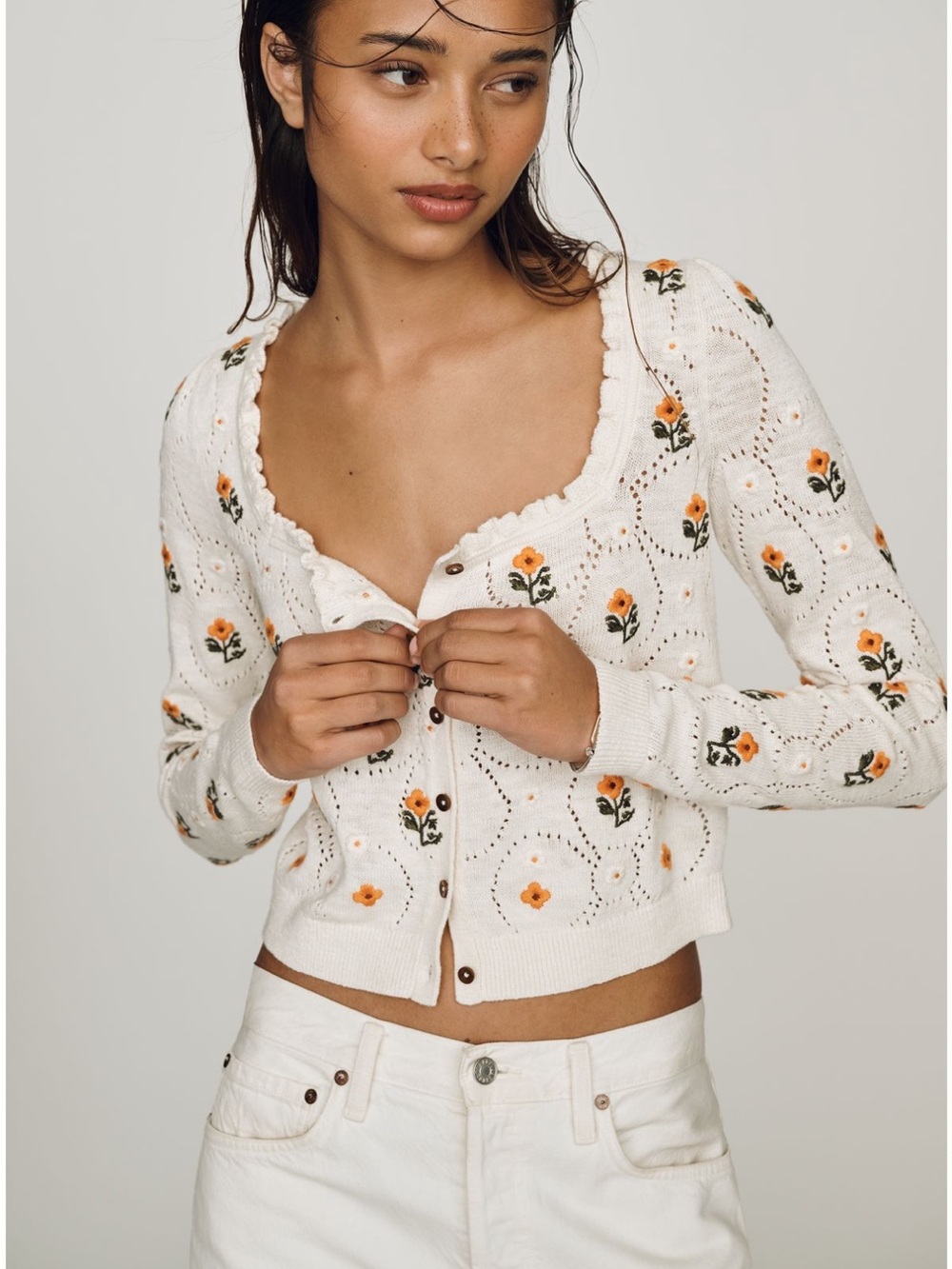 Pilcro Cream Knit Cardigan with Floral Embroidery NEW WITH TAGS Anthropologie